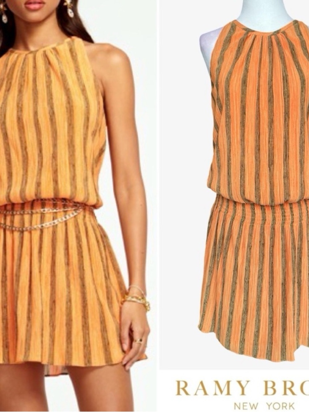 Ramy Brook Zinni Orange and Gold Striped Halter Mini Dress XS
